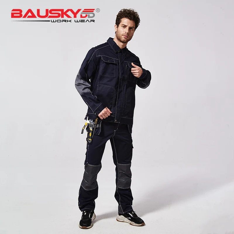 Bauskydd Work Uniform For Men Work Jacket Working Pants Men Workwear Muti Pockets Polyester Cotton Fabric Cargo Trousers Sets