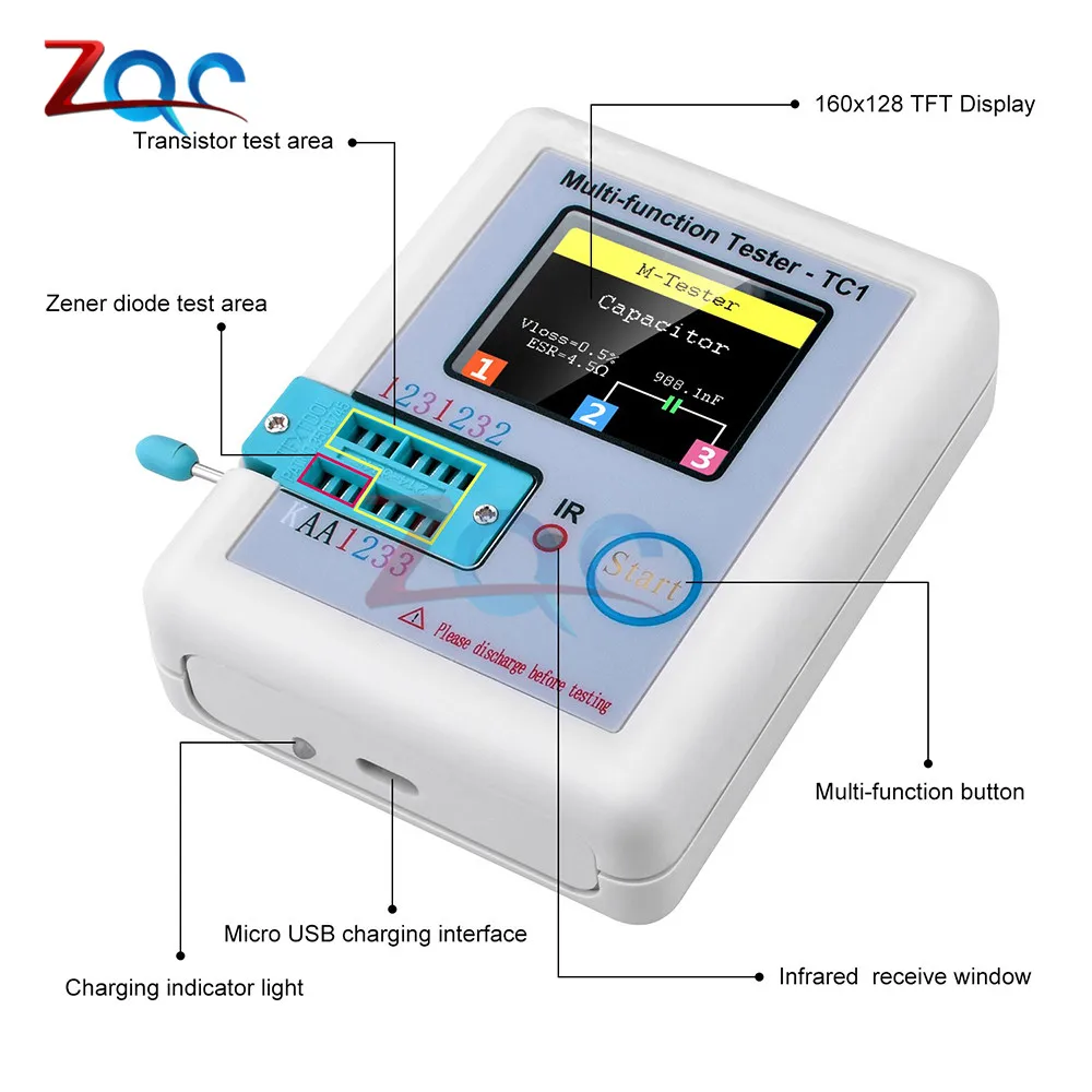 LCR-TC1 1.8 "Tft Lcd-scherm Multi-Meter Transistor Tester Diode Triode Condensator Weerstand Test Meter Esr Lcr Npn pnp Mosfet Cod