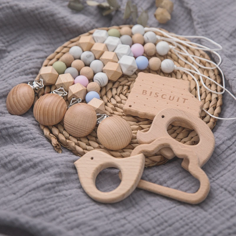 1set Baby Pacifier Chain Beech Wooden Pacifier Clip Cloud Geometric Silicone Beads Wood Teethers Tiny Rod Dummy Clips Baby Gifts