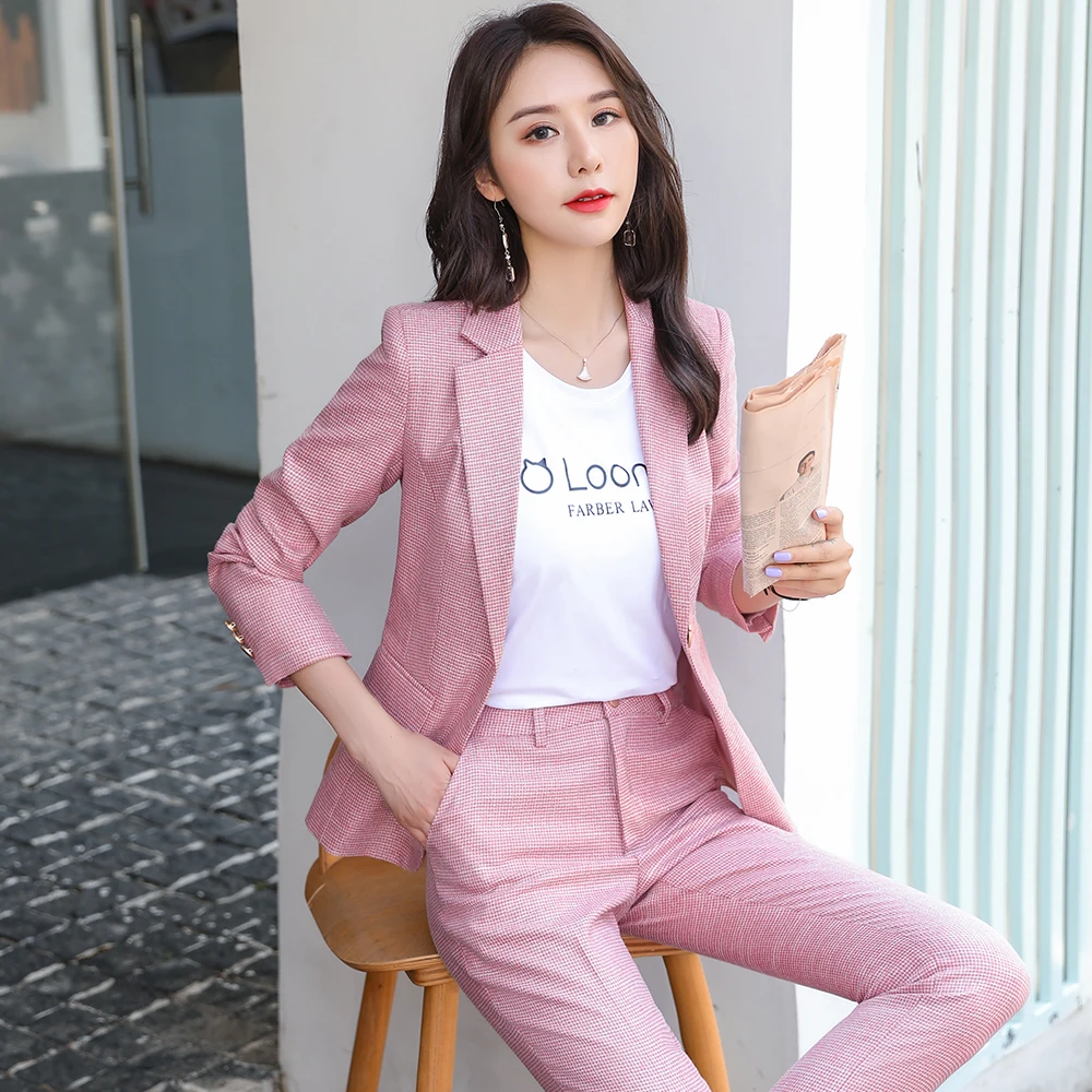 Elegant Ladies Pink Green Apricot Blue Pant Suit Women Slim Single Button Plaid Blazer And Trousers 2 Piece Set For Work Wear