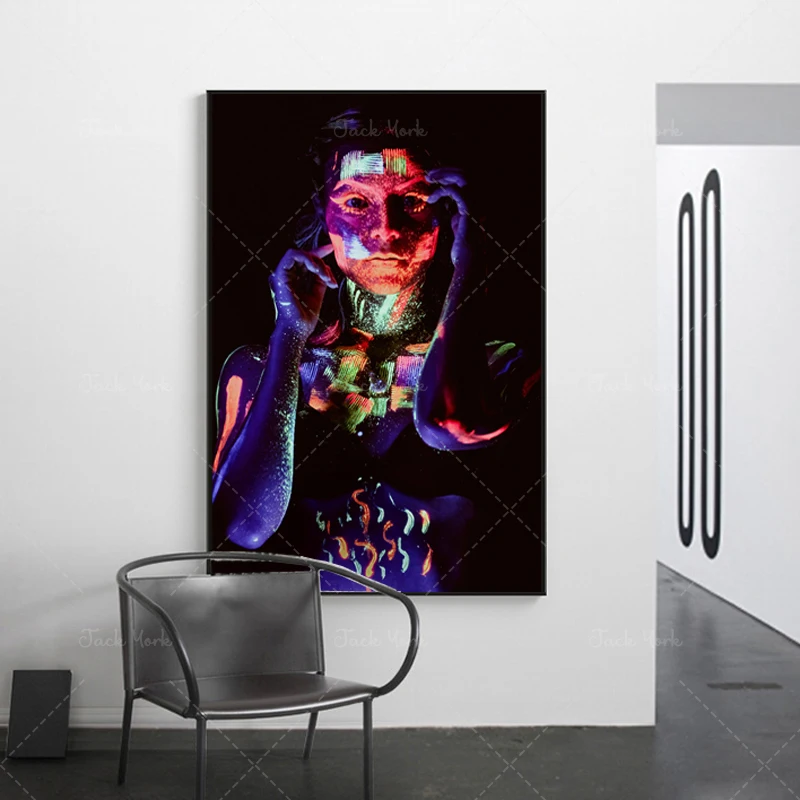 Colorful Woman Canvas Art Painting Fluorescent Wall Art Posters and Prints Abstract Picture for Living Room Home Decoration