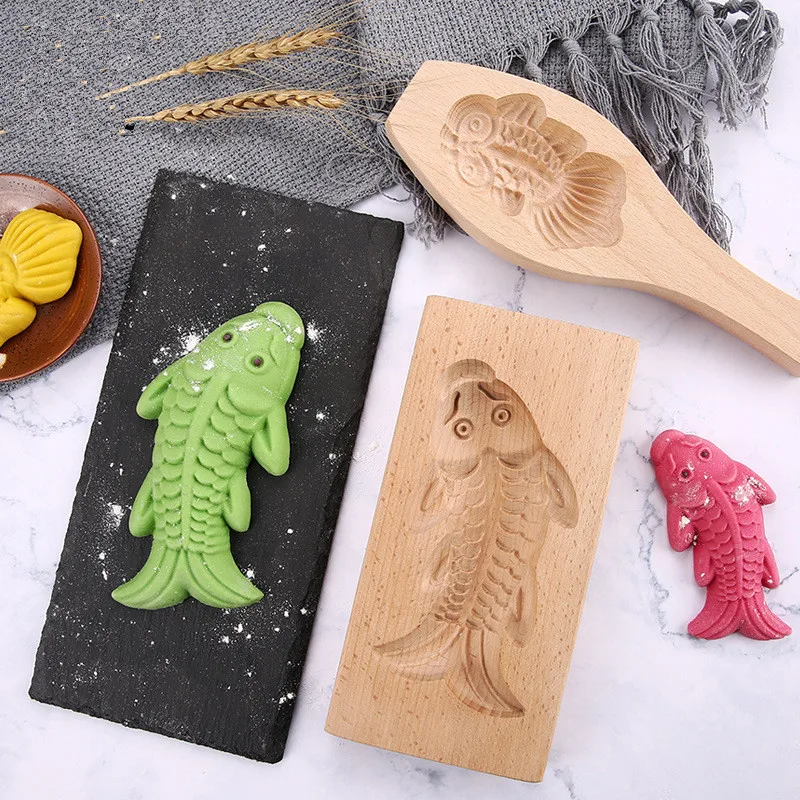 

1PC Wood Hand Pressure Fondant Moon 3D Fish Mooncake Mold Cake Mould DIY Baking Accessories Cake Cutter Mold