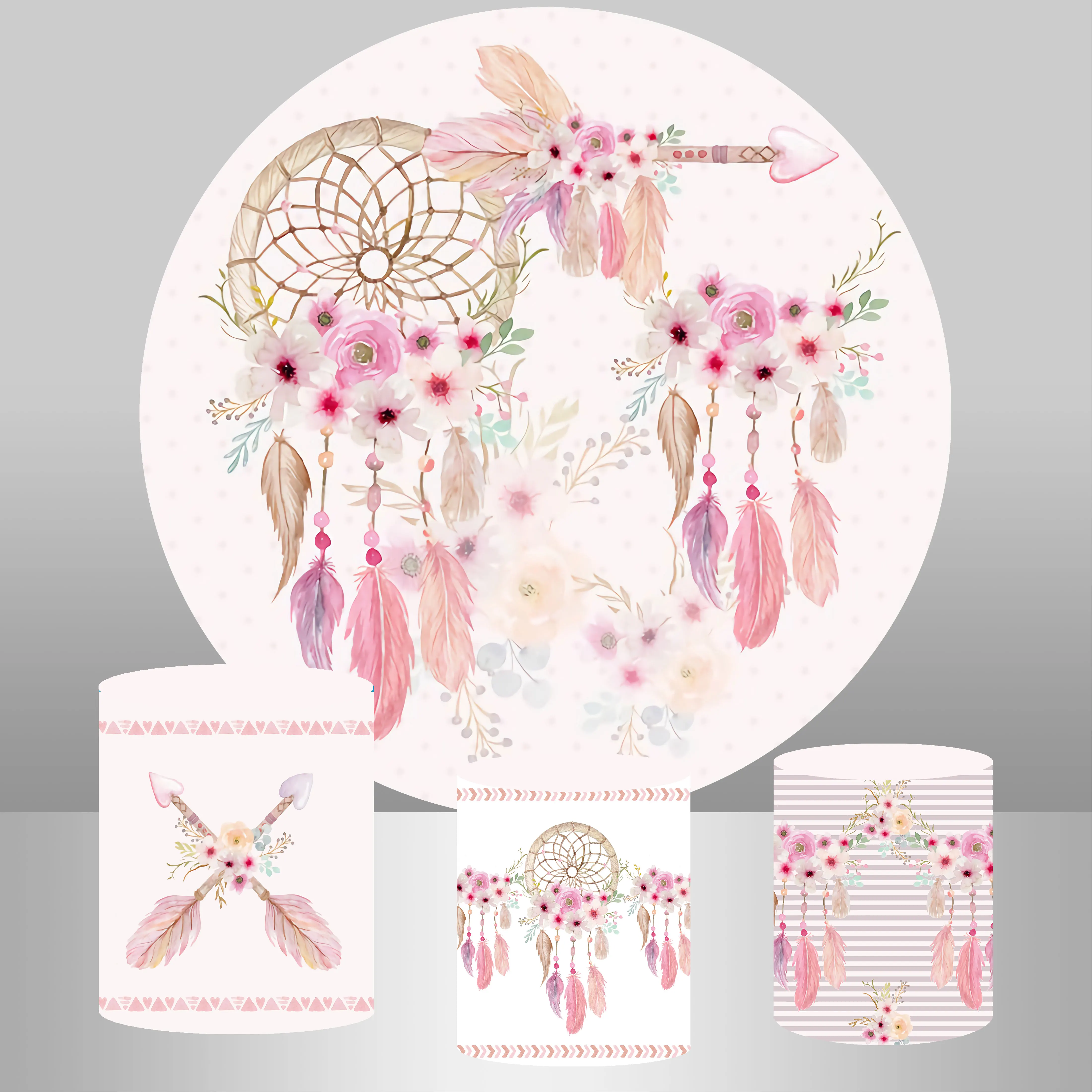 Bohemian Dreamcatcher Round Background Feathers Pink Girl Boho Birthday Circle Backdrop decoration Cylinder Covers