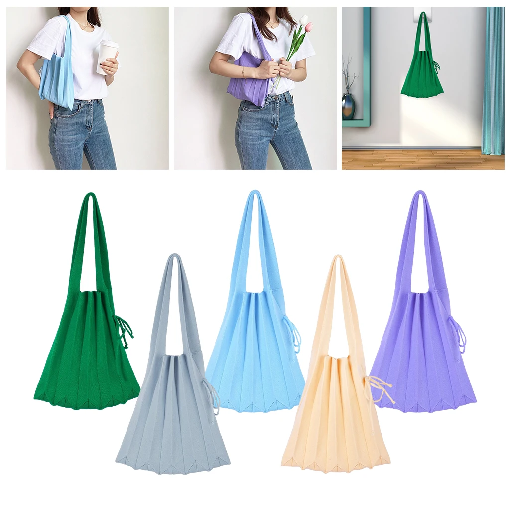 Soft Knitted Pleated Bag Women Fashion Drawstring Handmade Shoulder Bag