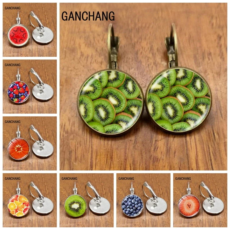 Fruit slice picture glass dome handmade earrings watermelon kiwi lemon orange blueberry fruit earrings