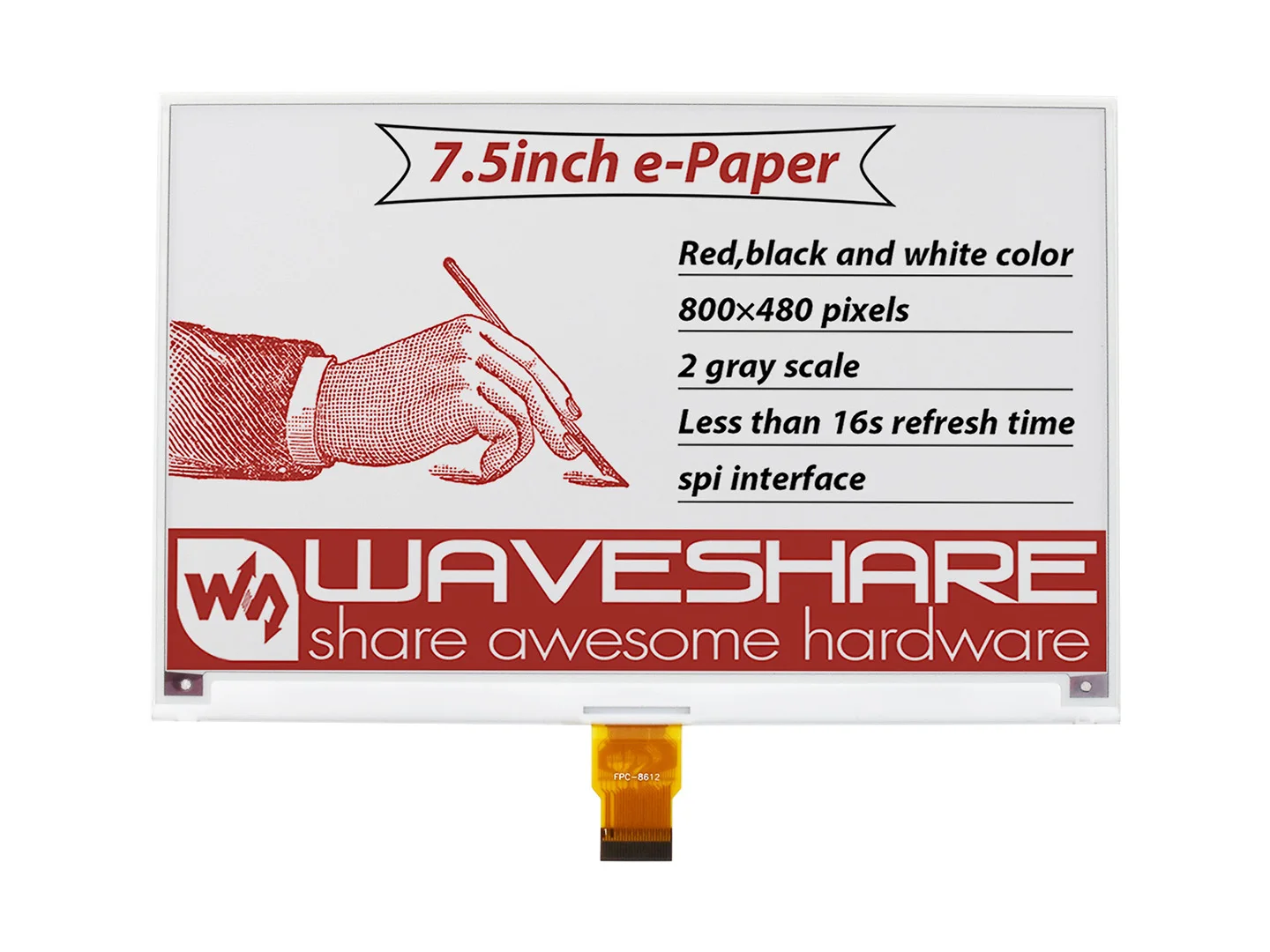 7.5inchh E-Paper E-Ink Display Module Type B,for Raspberry Pi Pico, 800×480, Re /Blac /White, SPI,Low Power, Paper-Like Effect