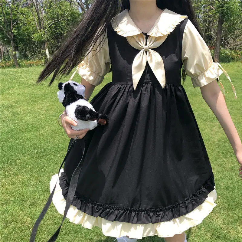 Dress Women Preppy Kawaii Japanese Style Bow Patchwork Lolita Sweet Mujer Spring Design Popular New Fashion Soft Leisure Ruffles