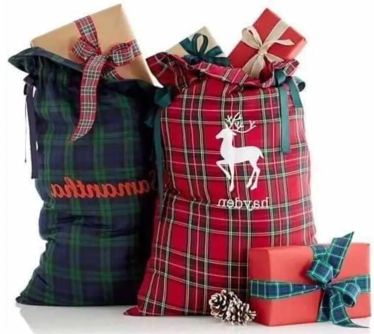 Free Shipping 50pcs Christmas Day Gift Decoration Santa Gift Bags Wholesale Plaid Santa Sack High Quality Soft Polyester