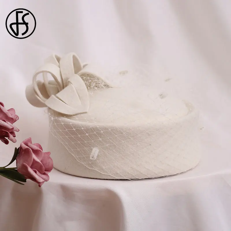 FS Elegant White Flower Veil Fascinator Hat Women Black Wool Felt Pillbox Hats Bridal Wedding Party Fedora Stewardess Church Hat