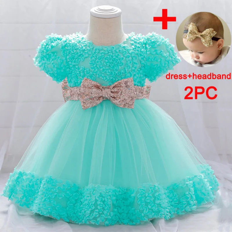 PLBBFZ Send Headban Pink Sequin Baby Girl Dress First Birthday Dress For Kids Christening Big Bow Party Wedding Princess Dresse