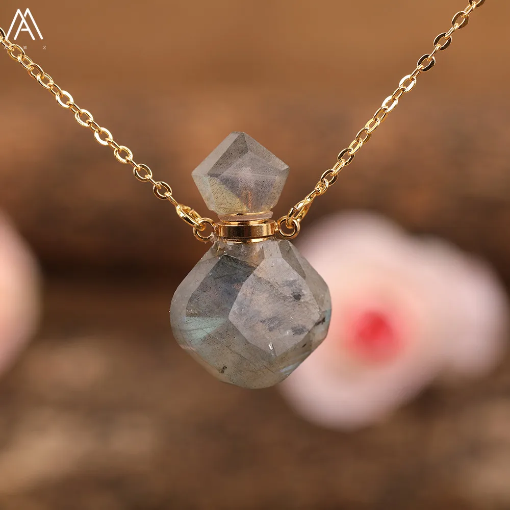 Elegante Frauen Tiny Flash Labradorit Stein Diffusor Flasche Anhänger Halskette Vergoldet Ätherisches Öl Fläschchen Schmuck Geschenk Dropship – Detail 12