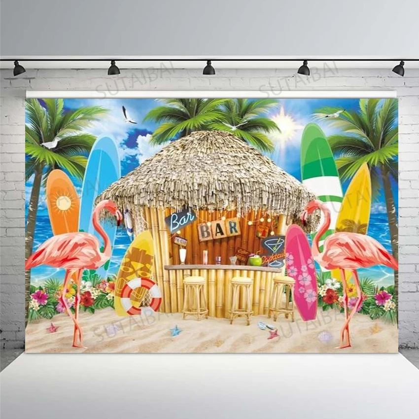 Aloha Flamingo Summer Tropical Hawaii Holiday Party Backdrop Baby Shower Birthday Seaside Plam Tree Cocktail Bar Surfing Beach