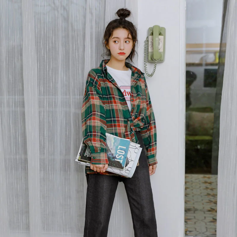 Koreański styl Plaid klasyczne luźne koszulki bluzka kobiety codzienne wszystkie mecze słodkie studenckie kobiety odzież moda koszula Vintage