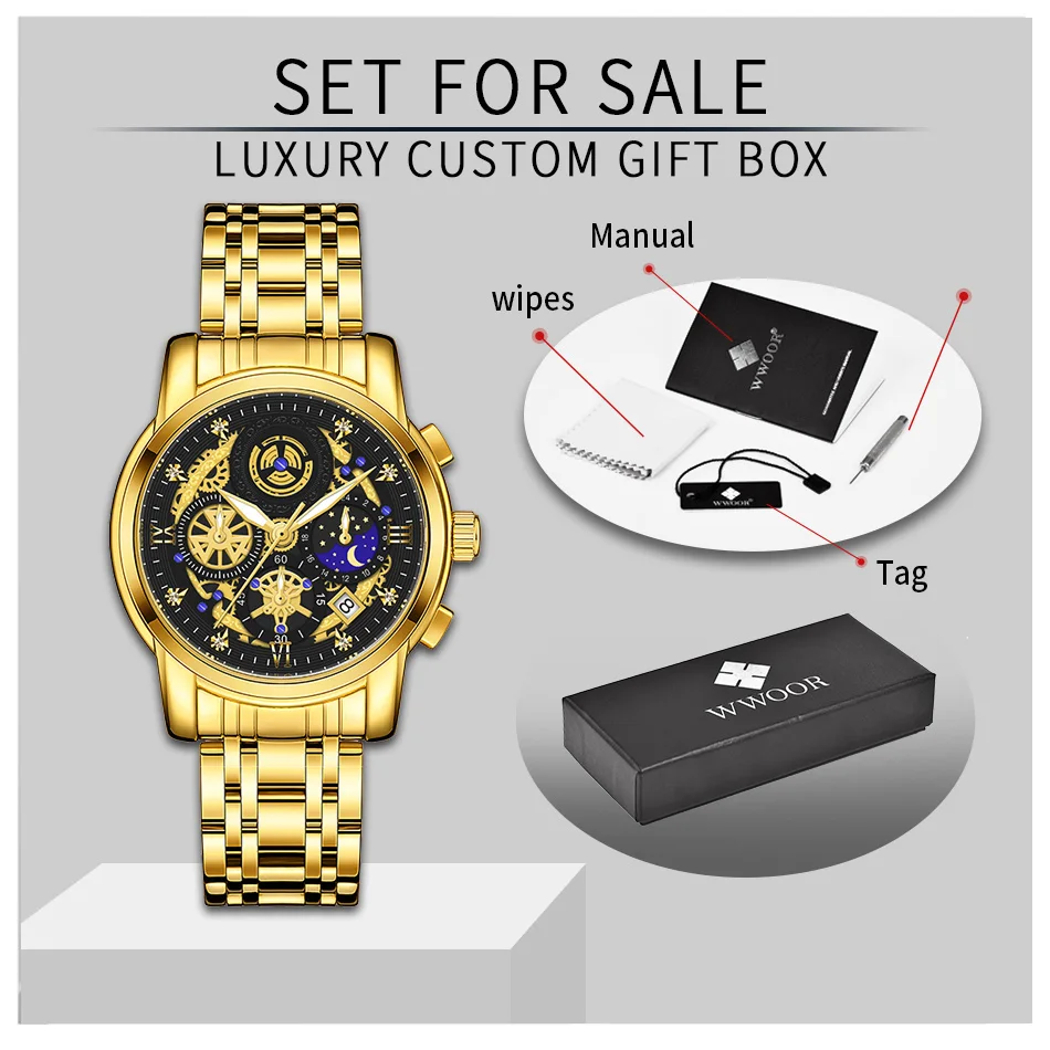 WWOOR 2024 New Fashion Design Mens Watches Top Brand Luxury Gold Stainless Steel Waterproof Sports Chronograph Relogio Masculino