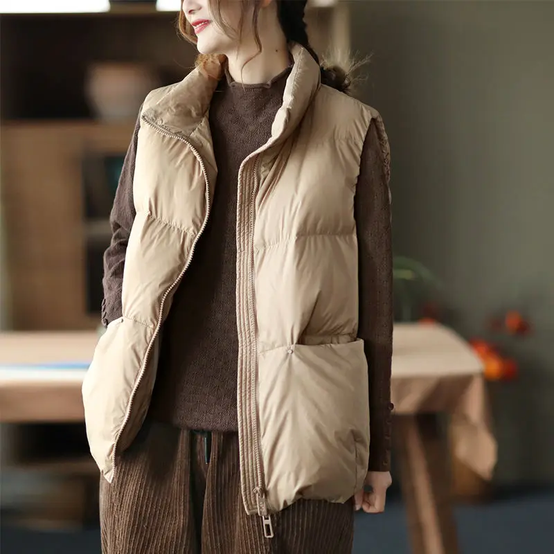 2021 Spring Autumn White Duck Warm Sleeveless Jackets Stand Collar Vintage Down Coats Woman Shorts Down Sleeveless Vest Jackets