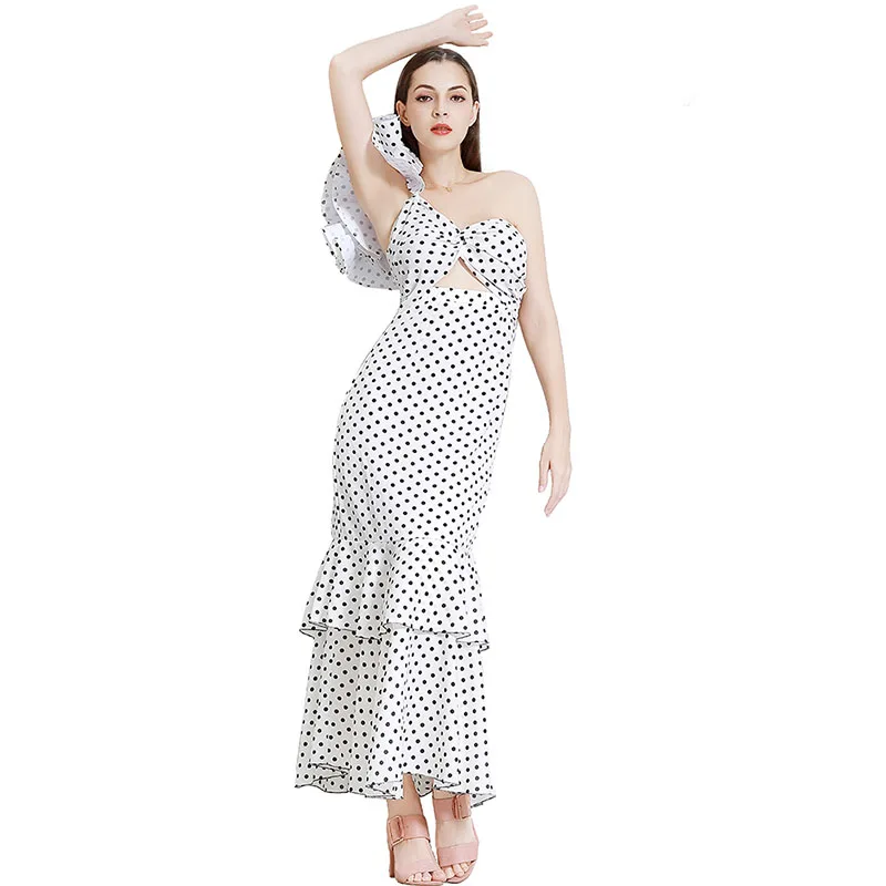 

Women's Evening Party Dress Chiffon Polka Dot Knot One shoulder Dress Ruffled Sleeve Boho Vacation Long Dress Beach Sundress