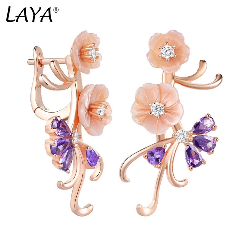 Laya Earrings For Women High Quality Purple Zircon Natural Shell Flower 925 Sterling Silver Drop Earrings Fashion Jewelry