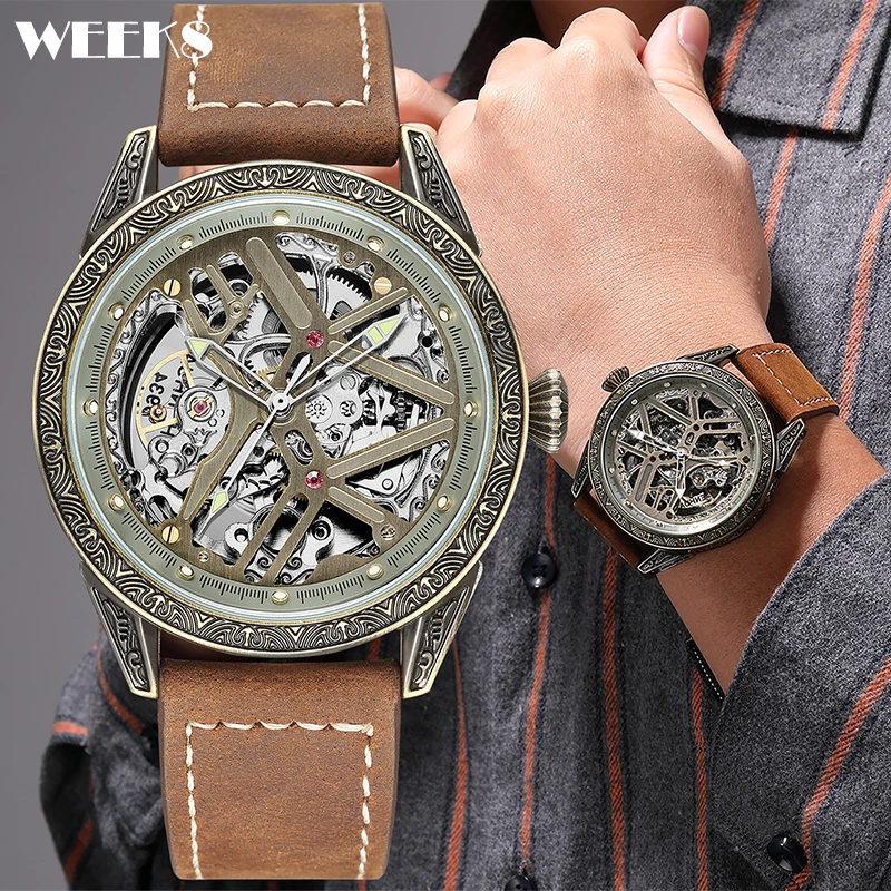 

Vintage Automatic Mechanical Watch Men Mens Skeleton Steampunk Watches Male Bronze Hollow Case Clock Hombre Relogio Masculino