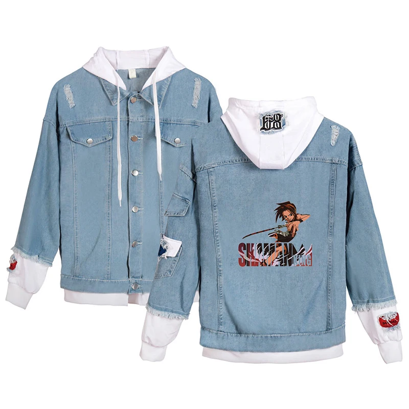 Japan Anime Shaman King Cool Denim Jacket Men Women Long Sleeve Fake Two Pieces Jean-Jackets Harajuku Hoodies Streetwear Clothes