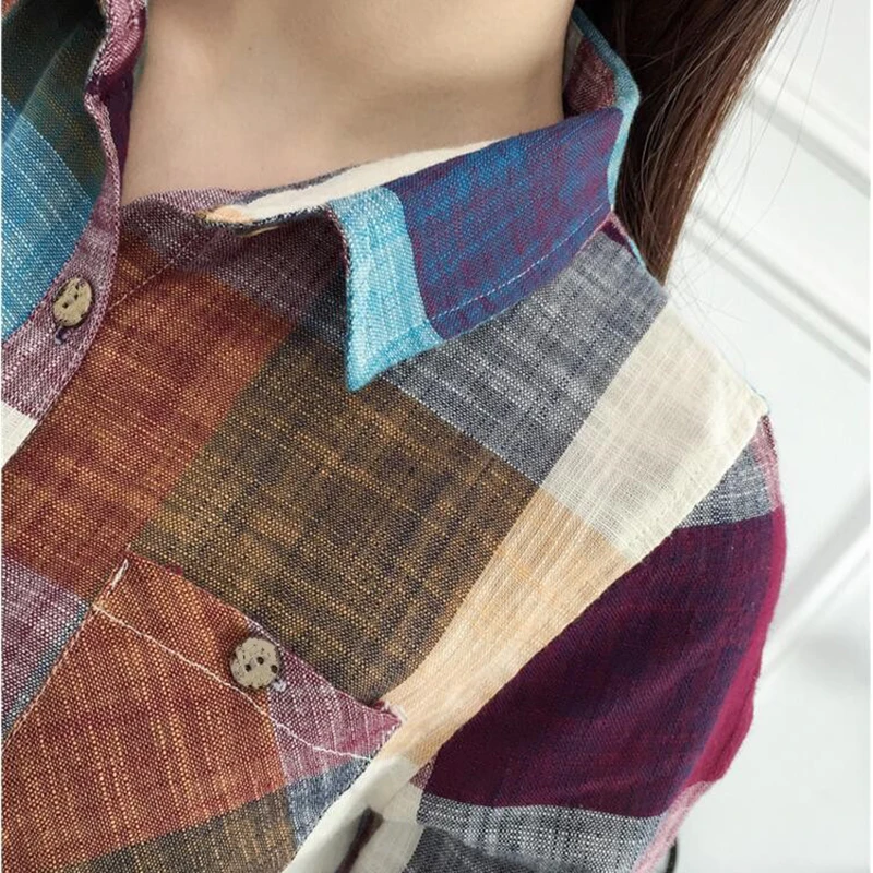2020 Casual Plaid Women Blouses Kimono Vintage Linen Cotton Long Sleeve Blouse Female Shirts Tops Camisa Feminina Chemise Femme