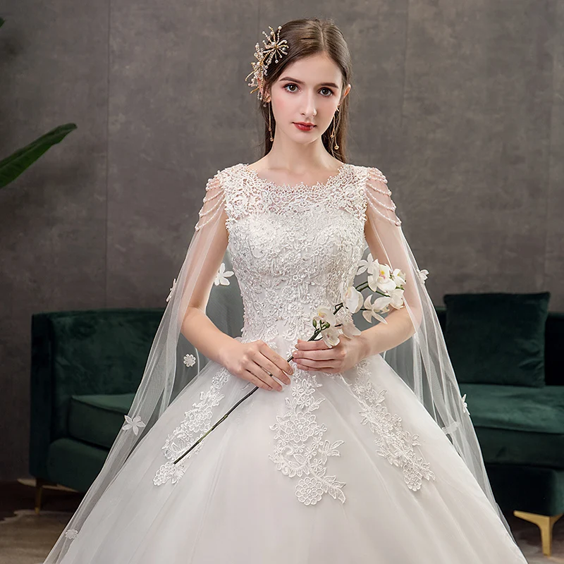 Y&M Novias Plus Size Wedding Dress With Long Cap Lace Wedding Gown With Long Train Embroidery Princess Bridal Dress