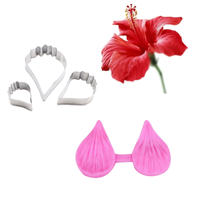 Hibiscus Flower Petal Veiner Silicone Moulds Stainless Steel Cutter Mold Candy Cookie Surgarcraft Model Fondant Forms  CS225