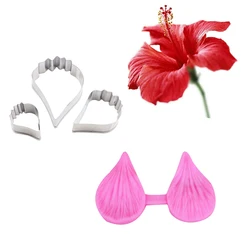 Hibiscus Flower Petal Veiner Silicone Moulds Stainless Steel Cutter Mold Candy Cookie Surgarcraft Model Fondant Forms CS225
