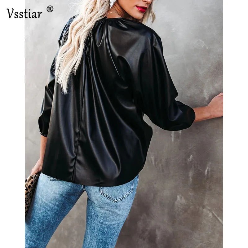 Long Sleeve Casual Women\'s Blouse 2022 Summer Fashion Patent Leather Woman Tops Black O Neck PU Shirts