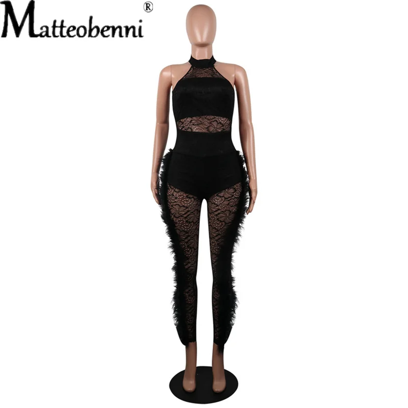 Mesh Patchwork Feathers Jumpsuit Women Sexy See Through Sleeveless O Neck Bodycon Women Jumpsuit Transparent Night Club Overalls