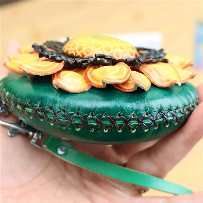 Leather small sunflower mini coin purse sun flower cowhide card bag key bag coin bag flower clutch bag children hand bag