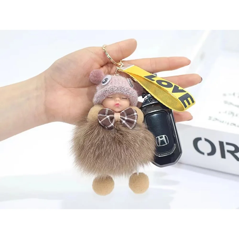 Fashion Colorful Sleeping Baby Doll Car Keychain Hanging Piece Hair Ball Bag Pendant Cute Fluffy Fur Pompom Key Ring Holder Toy