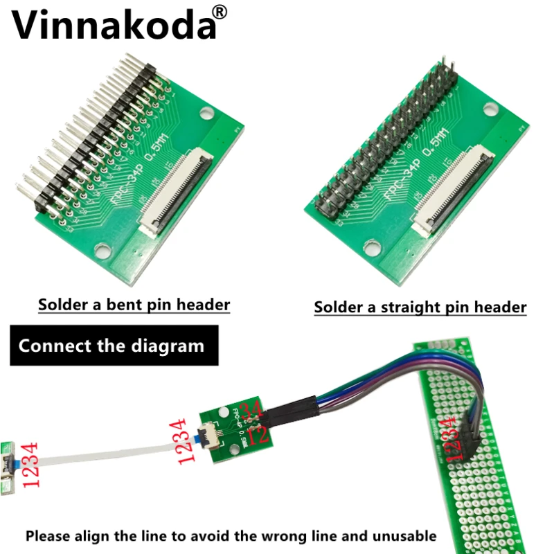 Placa adaptadora piezas FFC/FPC de 0,5 MM-34P a 2,54 MM, conector abatible de 0,5 MM-34P soldado, cabezales de pin recto y doblado