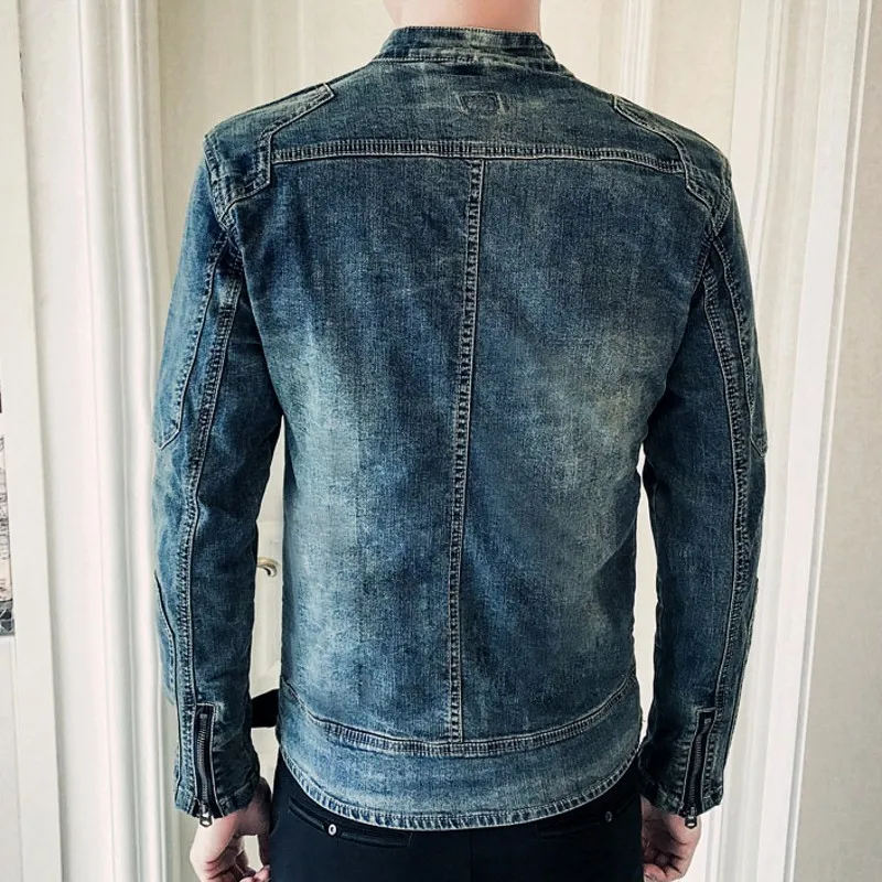 Spring Autumn New Long Sleeve Zipper Mens Denim Jackets Fashion Stand Collar Slim Fit Casual Cowboy Outerwear Coats