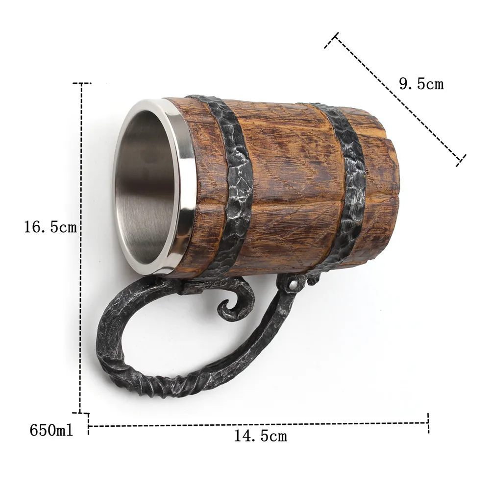 Wooden Barrel Stainless Steel Resin 3D Beer Mug Goblet Game Tankard Coffee Cup Wine Glass Mugs 650ml BEST GOT Gift