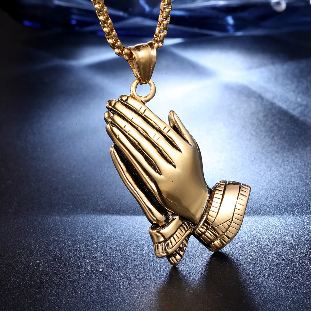 New Trendy Praying Hands Pendant Necklace Men\'s Necklace Fashion Metal Religious Amulet Pendant Accessories Party Jewelry