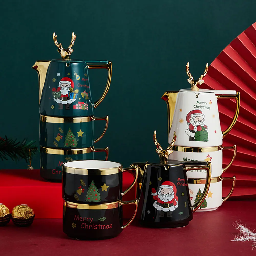 Multiple Options Nordic Christmas Ceramic Teapot Cup Saucer Set Santa Claus Tea Elk Box Home Gift New Year Thermal Tableware