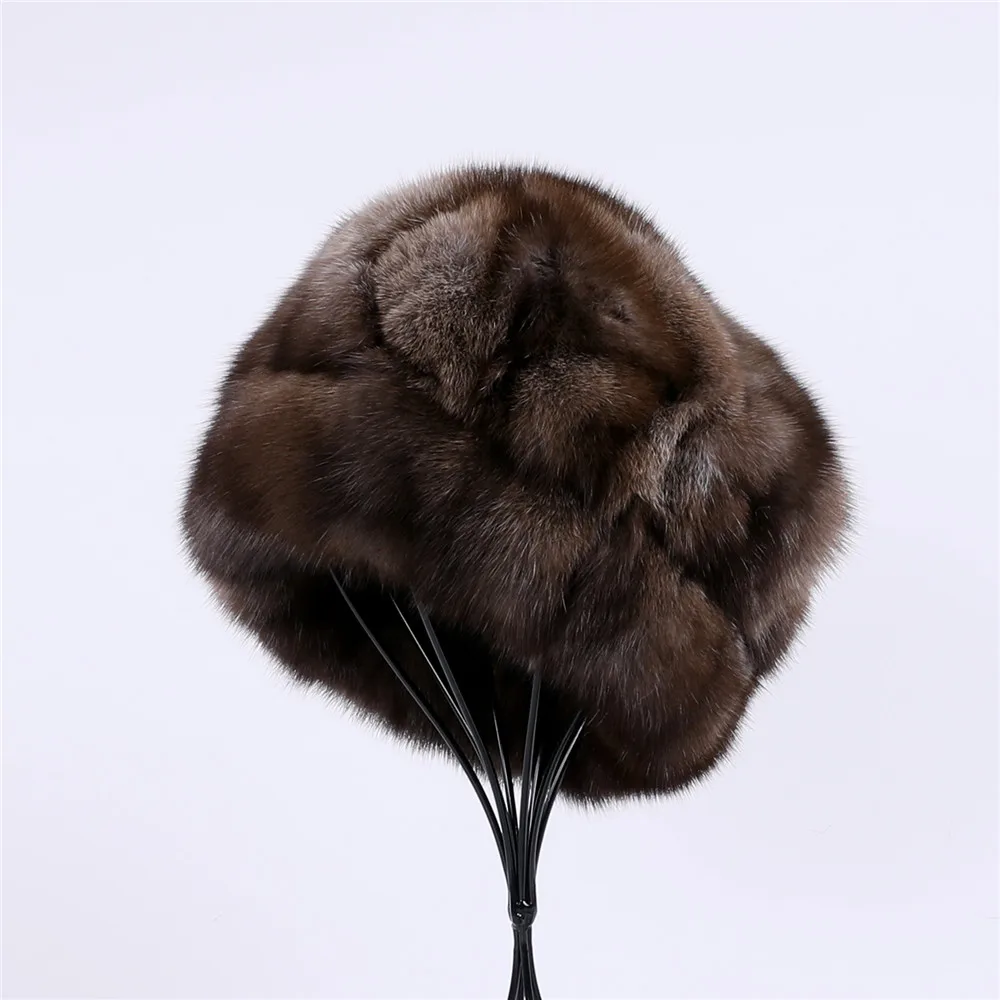 Unisex Winter Warm 100% Sable Fur Hat Men\'s Bucket Cap Women\'s Luxury Real Fur Beanie Hats Natural Brown Color