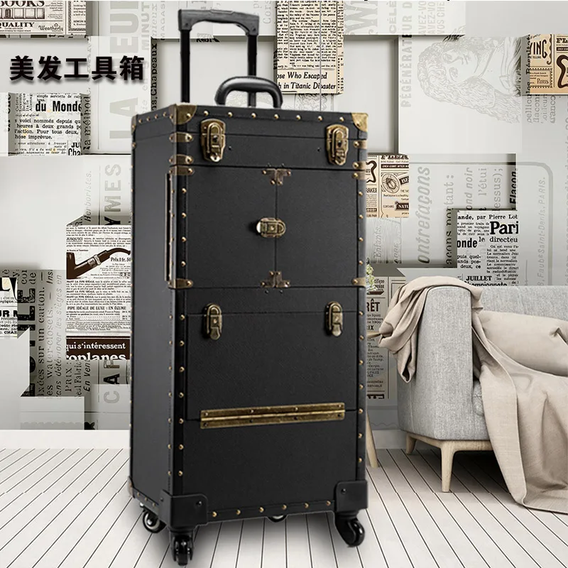 Hairdressing Makeup Trolley Luggage Hairstylist Toolbox Dedicated Trolley Cosmetic Retro Scissors Box Stylist Big Toolbox