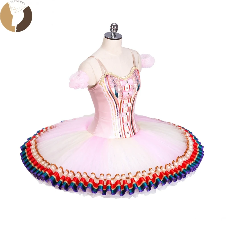 FLTOTURE Adult Child Professional Pink Pancake Tutu 12 Layers Ballet Roller Skating Performance Spanish Costumes  Ribbon Tutus