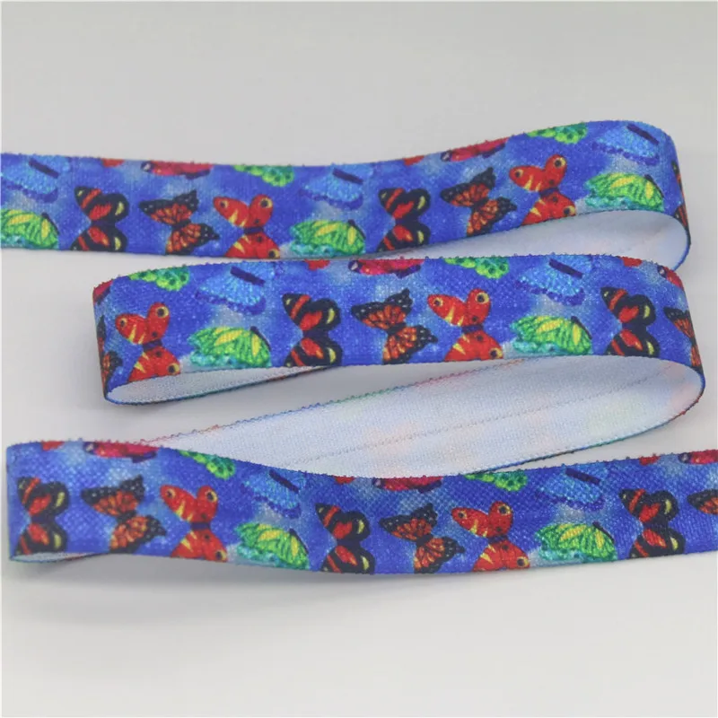 DHK 5/8'' 5yards Leopard Butterfly Grid Printed Fold Elastic FOE Stretch Ribbon Hairbow Headwear Headband DIY OEM E1949