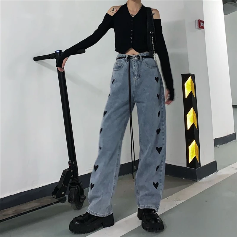 Vintage Heart Shape Printing Jeans Wide Leg Pants Women Korean Loose Straight Denim Pants 2023 Autumn Winter Fashion Trousers