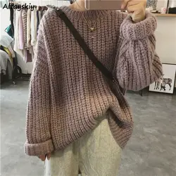 Pullover Women Solid O-neck Knitted Stylish Retro Loose Harajuku Korean Style Chic Daily Womens Sweaters All-match Winter Simple