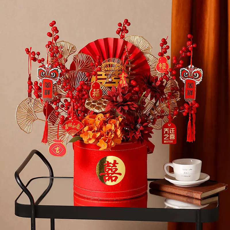 

Chinese Red Fortune Fruit Red Silk Cloth Futong Vase Fake Flower Set New Year Accessories Home Livingroom Furnishing Decoration