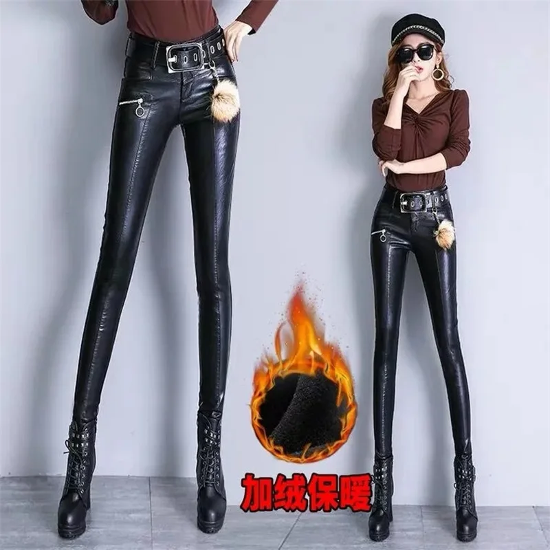 Velvet/No Velvet Leather Pants Women 2022 High Waist Autumn Winter Outer Wear PU Leather Tight-Fitting Pencil Pants Trouser