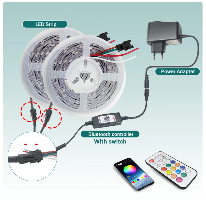 20M sen kolorowy pasek LED RGB Led indywidualnie adresowalne elastyczne oświetlenie wstążka IR kontroler Bluetooth DC 12V Adapter