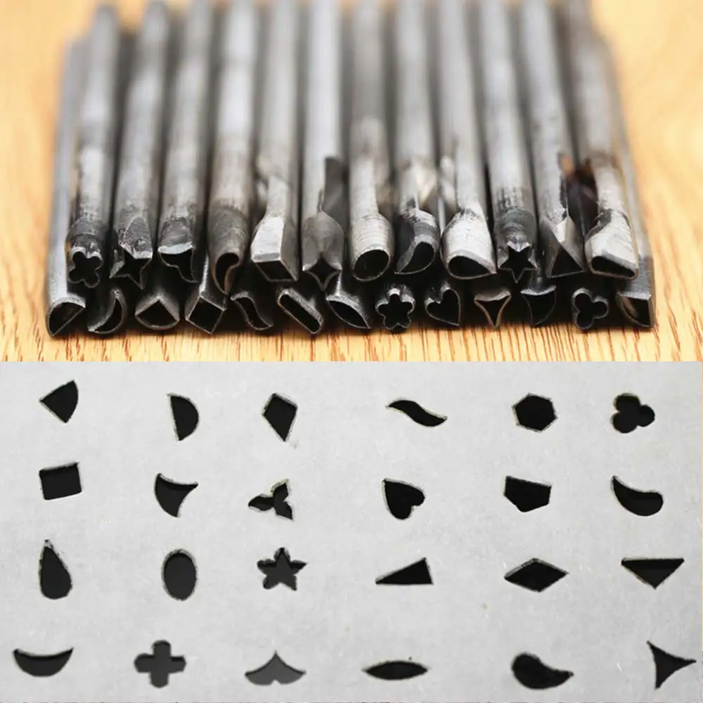 DIY leather craft tool punch 5mm shaped flower 32 designs flowers star diamond mixed hole shoes bag making tools