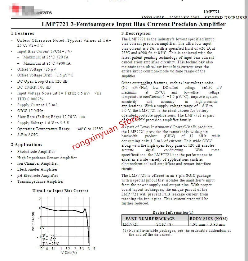 2-10Pcs LMP7721MAX/NOPB SOP-8 LMP7721MAX LMP7721MA LMP7721 3-Femtoampere Input Bias Current Precision Amplifier 100%New Original