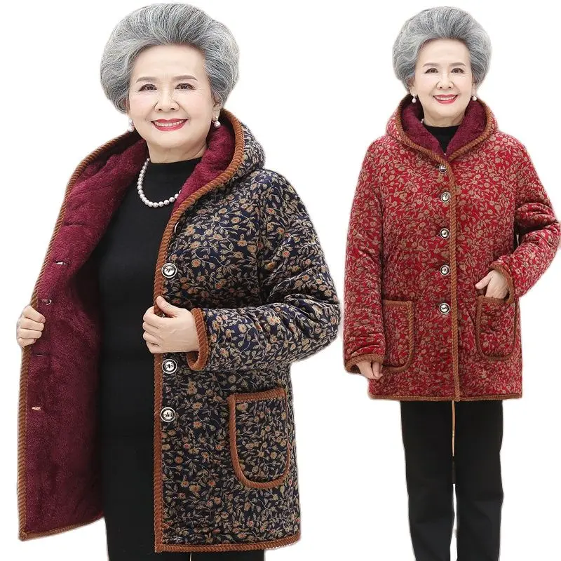 

Middle-Aged Elderly Grandmother Cotton Padded Clothes Winter Coat Parkers Add Velvet Thicken Warm Women's Jackets Overcoat 5XL