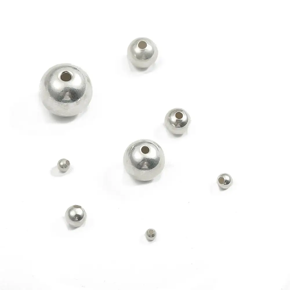 2-10mm Small Hole Real Pure Solid Silver Color Round Smooth Beads Used For Jewelry Findings Accessories DIY Bracelets Necklaces