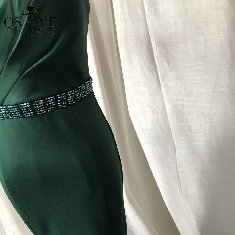 Emerald Mermaid Long Evening Dresses Slit Sexy Ruched V neck Prom Gown Long Tail Open Back Green Bead Crystals Sash Party Dress